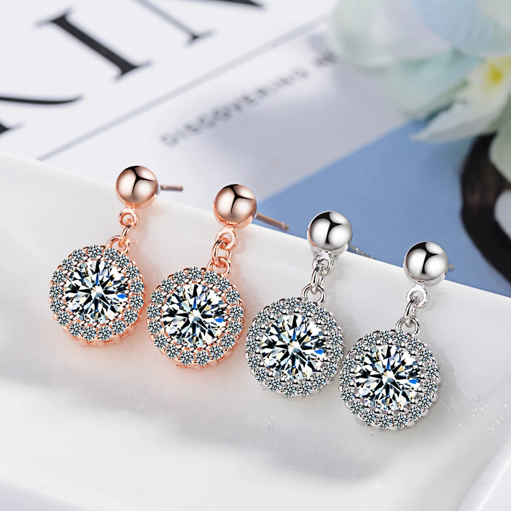 Boucles d'oreilles à clous en or Rose pour femmes, bijoux pour fête de mariage, cristal clair plaqué argent de qualité supérieure, cadeau pour dames