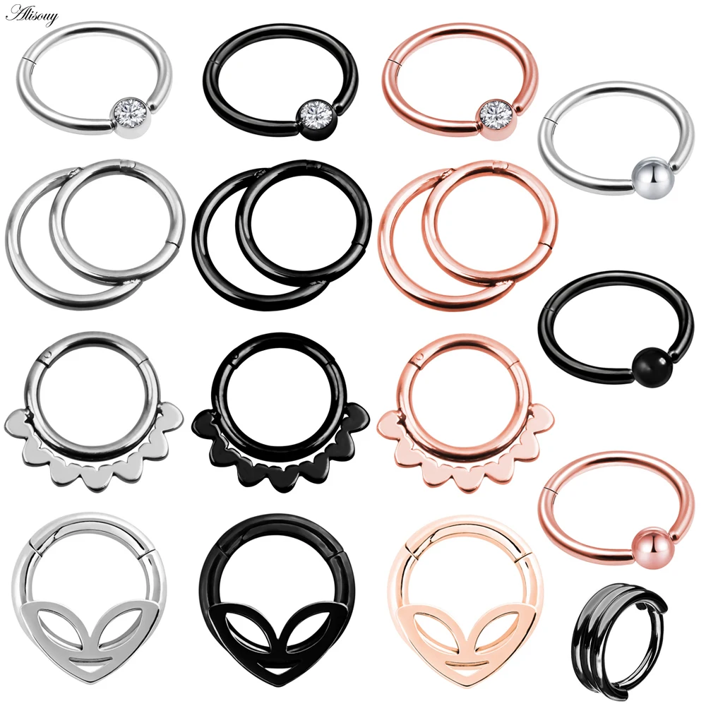 Alisouy 1PC 6 Styles Double Layers Steel Clicker Segment Nose Hoop Rings Hinged Ear Nose Septum Piercing Women Men Body Jewelry