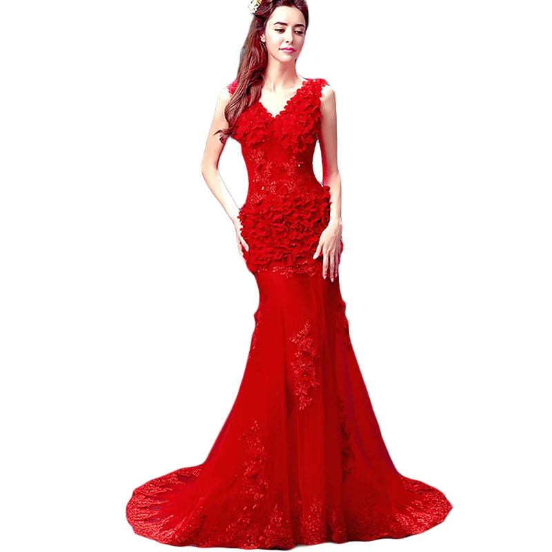 

Deep V-Neck Mermaid Evening Dresses Long 2016 Appliques Lace Evening Gown Slim Court Train Vestido De Festa Longo BV28