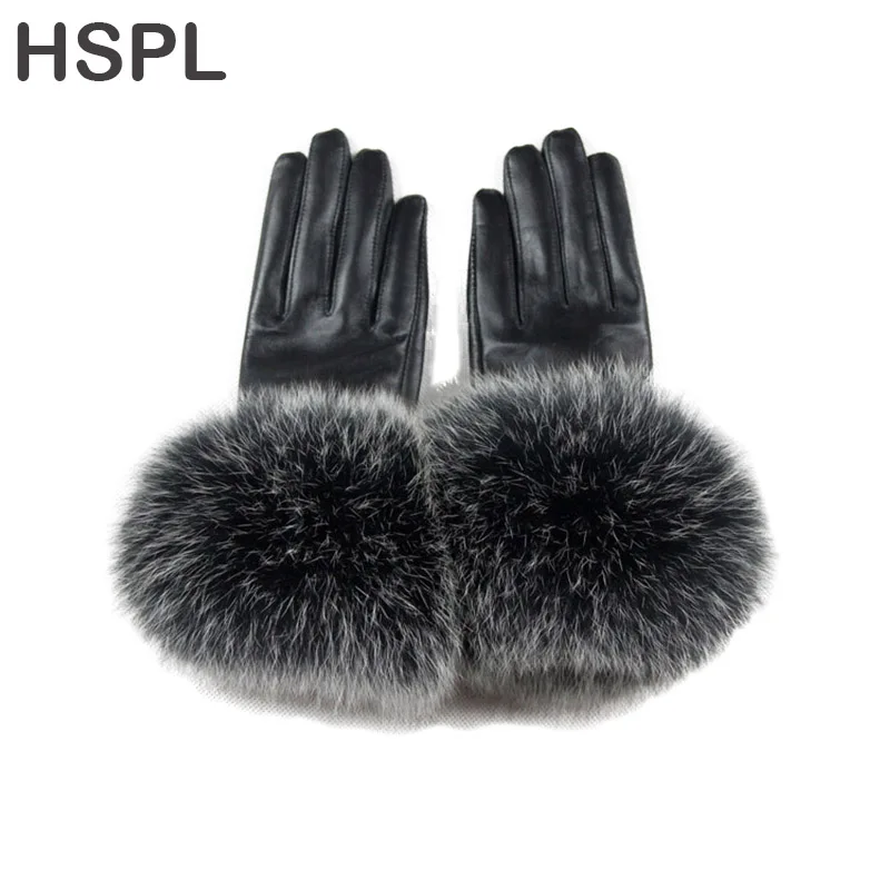 HSPL 2017 Luxury Large Fox Fur Women\'s Genuine Leather Gloves suede gloves thermal