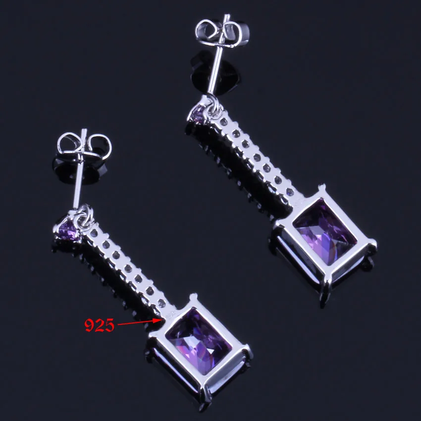 Trendy Rectangle Purple Cubic Zirconia White CZ Silver Plated Drop Dangle Earrings V0370