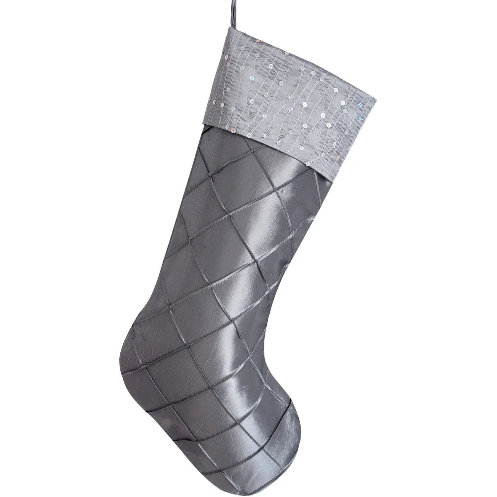 Free Shipping Faux Silk Sequin Glitter Cuff Diamond Pintuck Body Christmas Stocking Silvery P2599