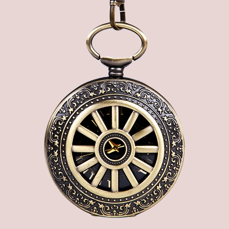 TFO  Lucky bronze perspective wheel design pocket watch Greek digital dial clock antique petal logo back case watch