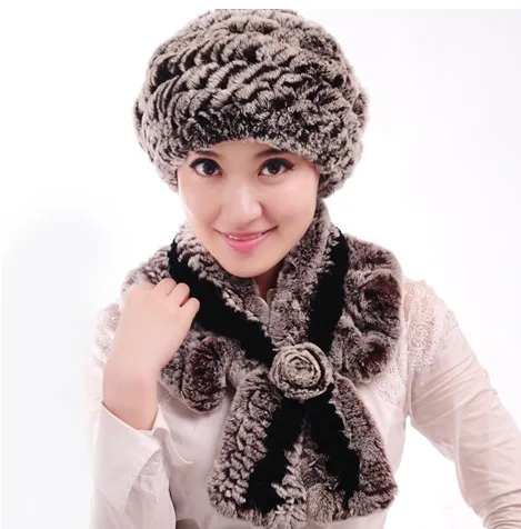 Real fur Beret scarf set autumn winter beanies natural rex rabbit fur,ladies ruffler muffler hat and scarf knitted fur H291