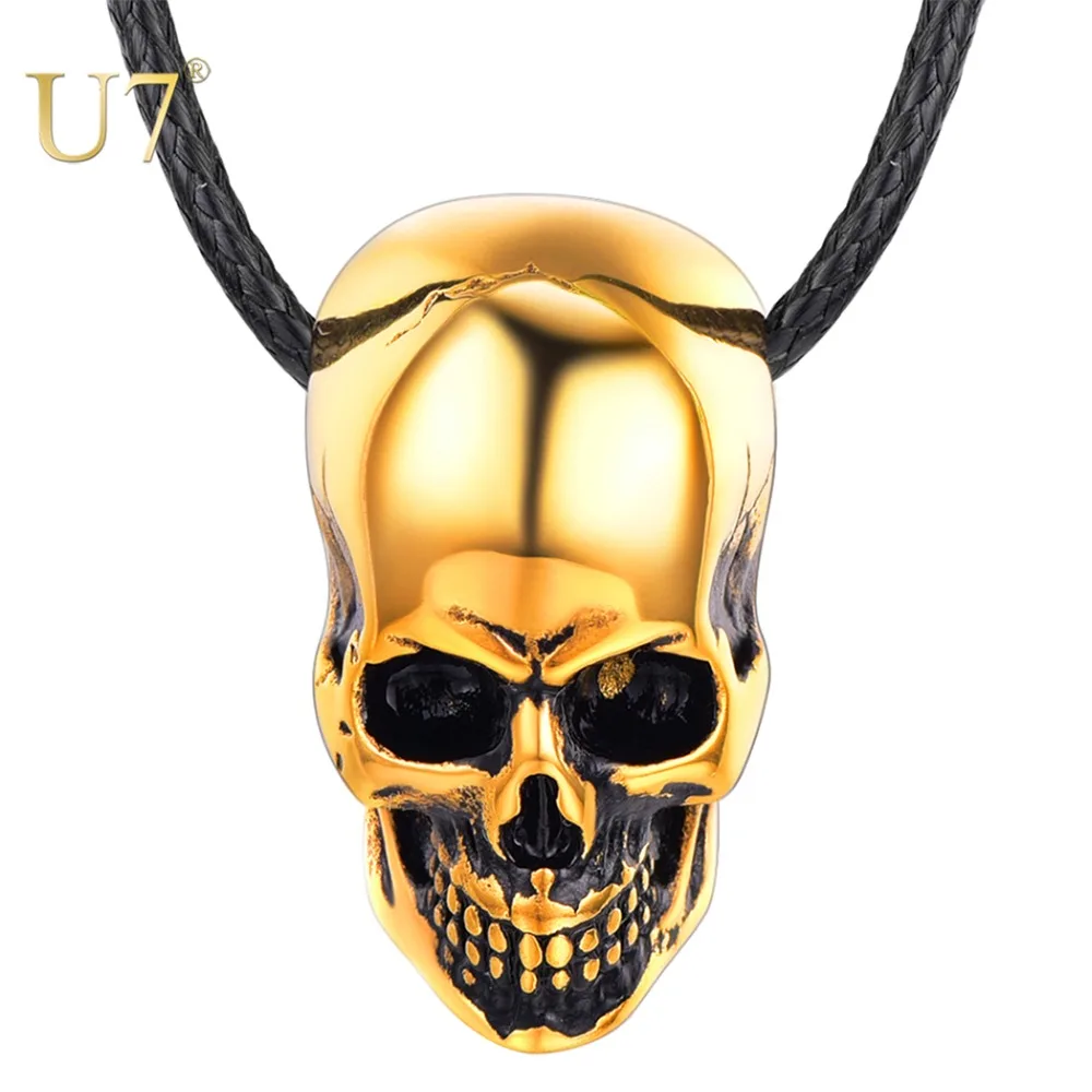 

U7 Skull Necklace For Men Women Punk Gift Stainless Steel Gothic Biker Pendant Black Leather Wax Rope Cord Chain P1238