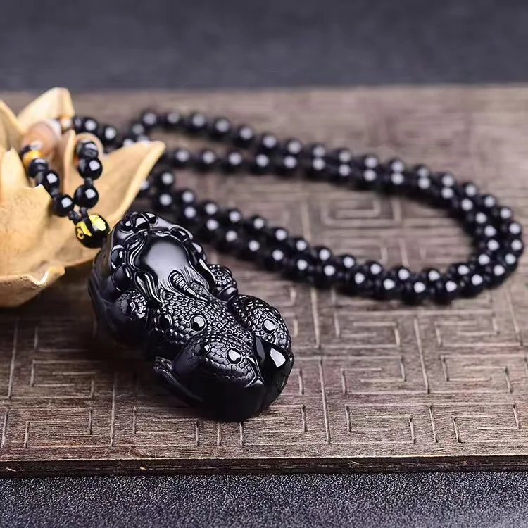 Handmade Obsidian Fengshui Pixiu Necklace Good Luck Piyao Strand Necklace Wealth Pixiu Necklace Lucky Fengshui Animal