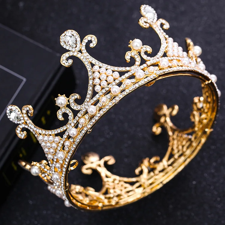 JaneVini Western Style Bride Tiara Crown For Women Gold Baroque Queen Headpieces Prom Bridal Wedding Pearl Crystal Hair Jewelry