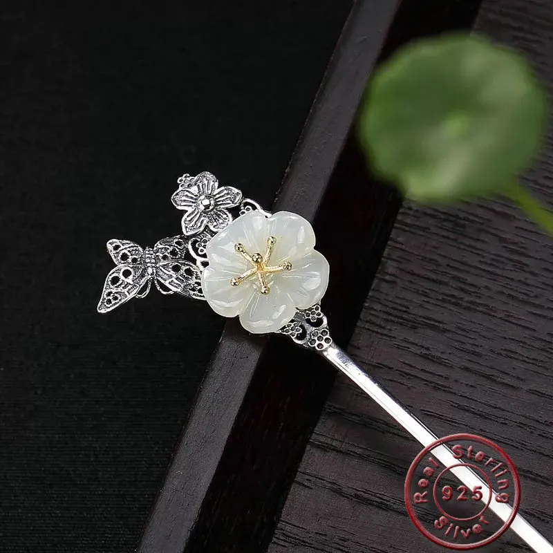 Amxiu Handmade Butterfly Plum Blossom Hair Sticks Vintage Hair Jewelry Antique Silver Hair Accessories For Women Birthday Gift