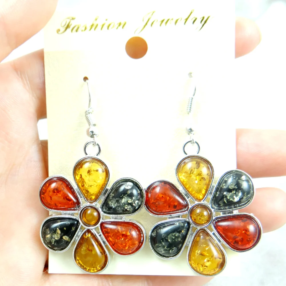 wholesale Natural Precious Modernist Flower pattern TEARDROP GOLDEN HONEY PRESSED AMBERS Jewelry making earring Q25