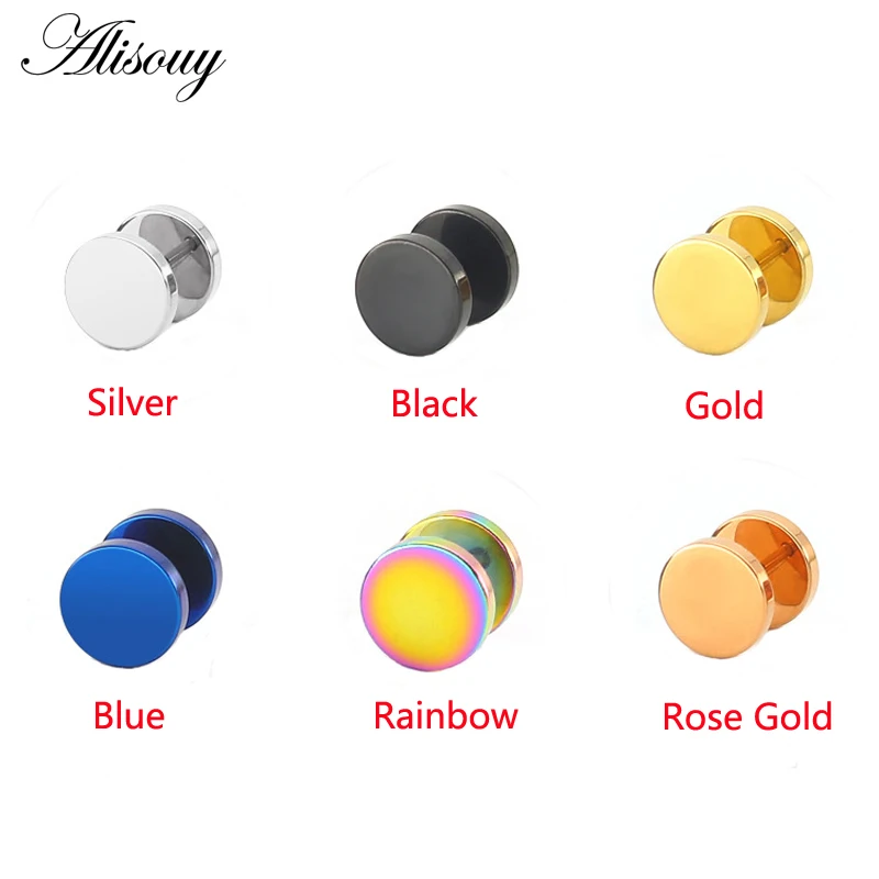 Alisouy 2pcs Fashion Punk Earrings Double Sided Round Bolt Stud Earrings Male Gothic Barbell Black Earrings Men Jewelry Gifts