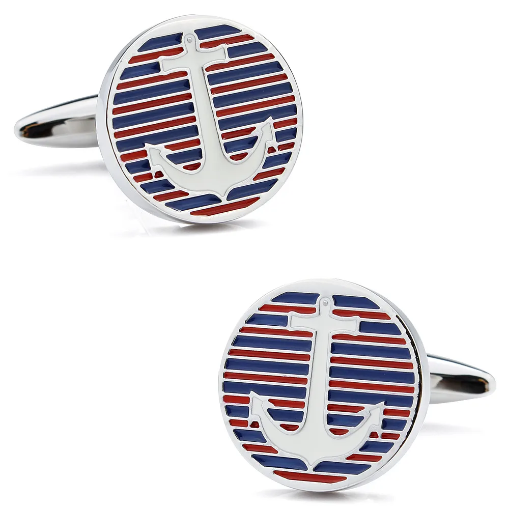 

HAWSON Enamel Cufflinks Anchor Red&Blue Stripes Round Cufflinks High Quality cufflinks for mens shirt with jewelry box cuff