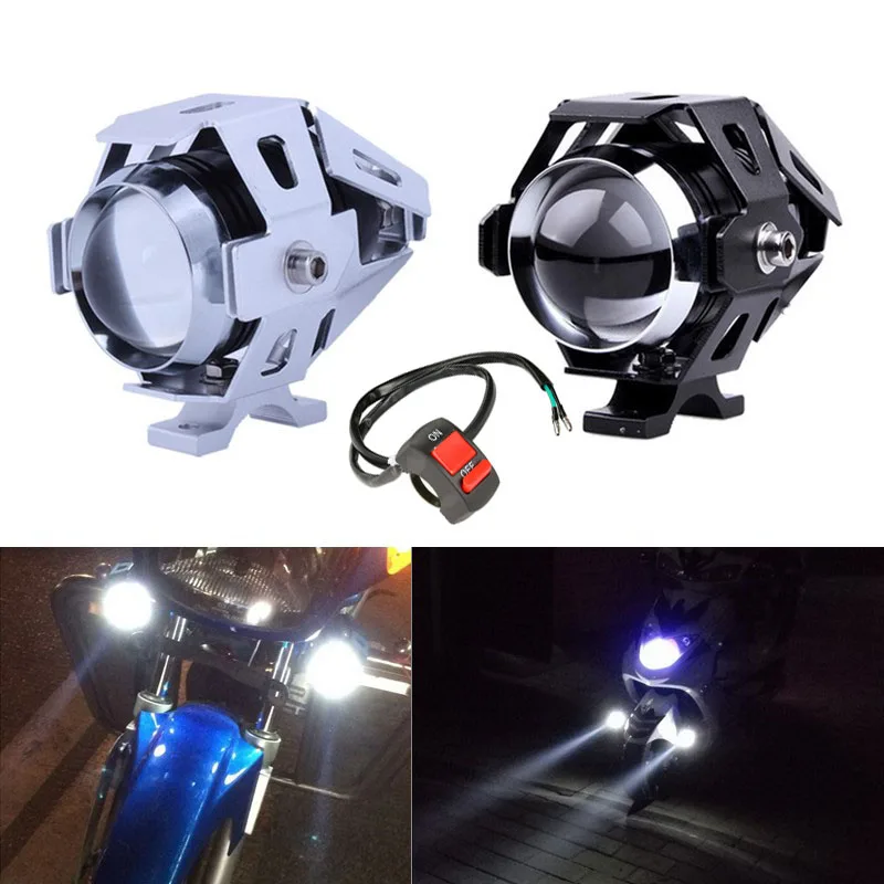 Motorcycle LED Headlight 10W U5 Waterproof Driving Spot Head Lamp Fog Light Switch Moto Car Accessories 12V Silver + Black