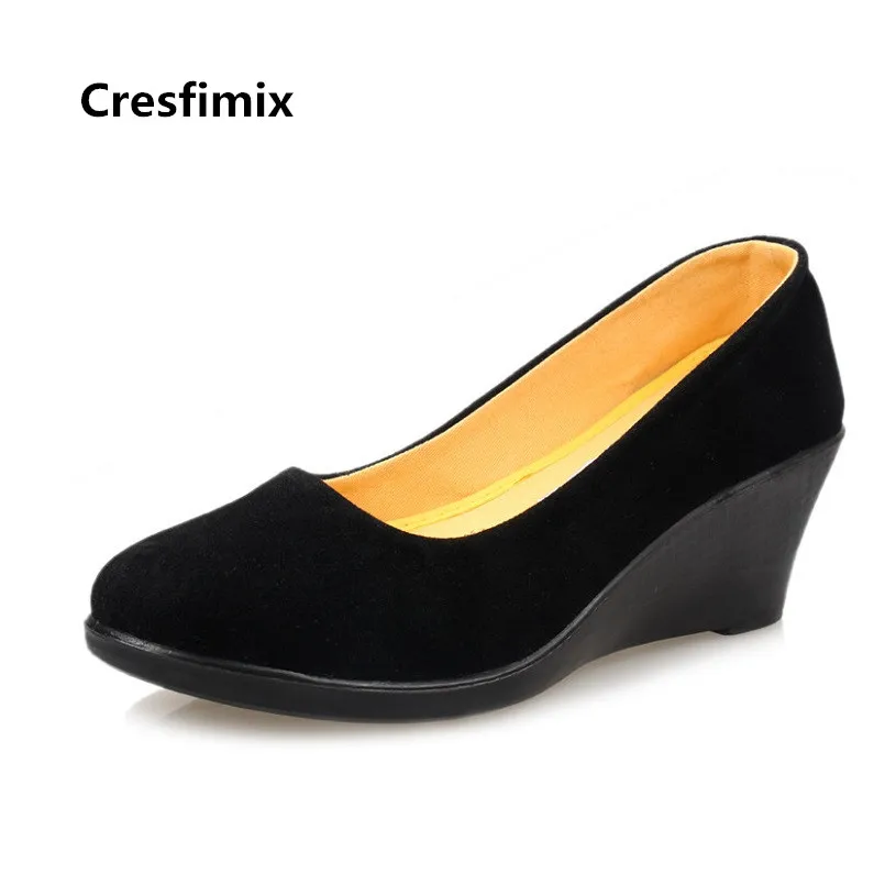 Cresfimix women fashion comfortable wedge heel hotel work shoes lady cool black slip on shoes spring autumn shoes zapatos a3130