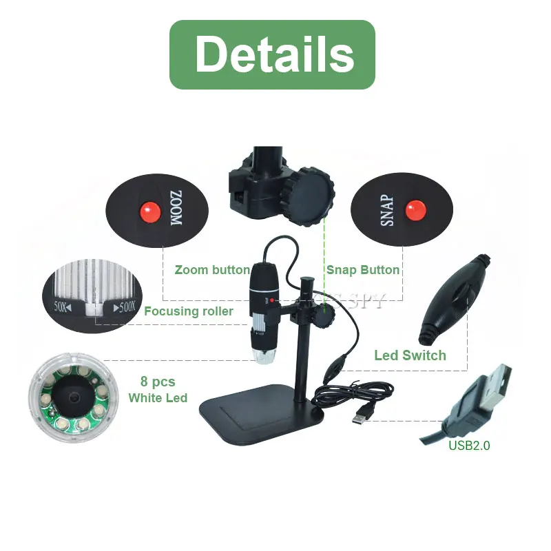 50X to 1000X USB Microscope Digital LED Endoscope Mini Camera Magnifier Micro Cam with Lifting Stand Bracket for Android OTG