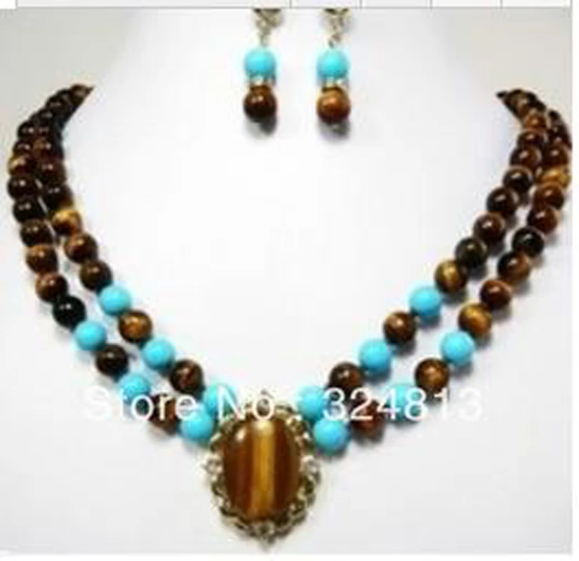 New Beautiful 2row 8mm tigereye & Turquoise earring necklace for Women's jewelry set 17