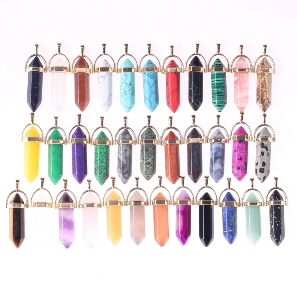 

Wholesale 50pcs/lot Assorted Natural Stone Rosed Quartz Pendants Hexagonal Pointed Healing Reiki 7 Chakra Pendulum Free Shipping