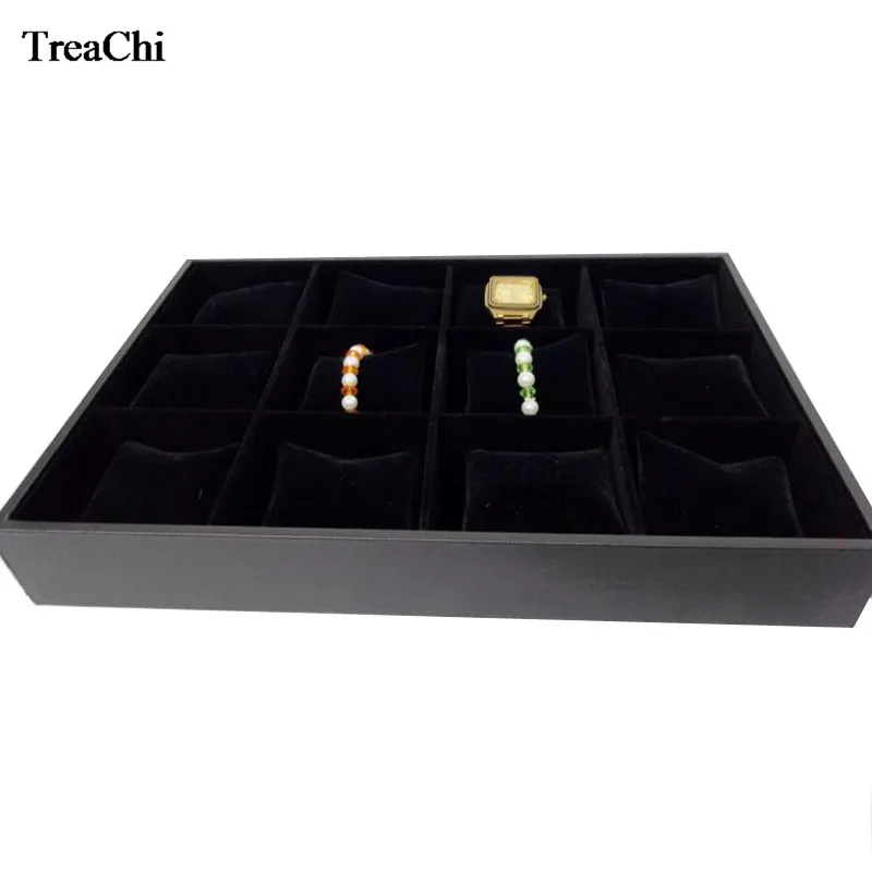 12 Grids Convenience Jewelry Display Case Bangle Bracelet Display Pillow Box Black PU Velvet Cushion Watch Holder Tray