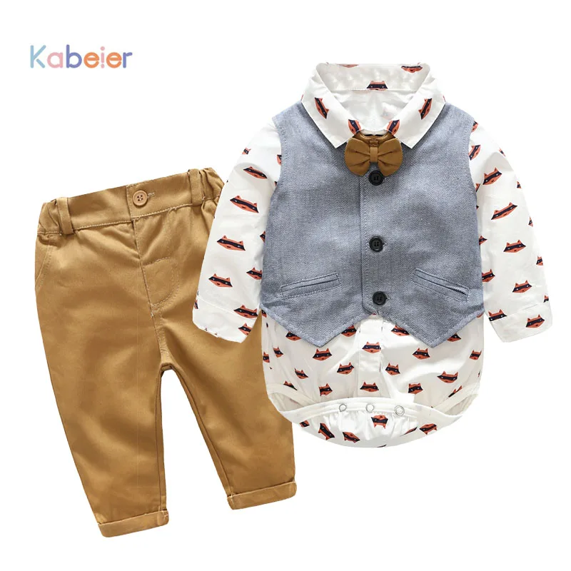 Newborn Boy Clothing Suit Cotton Gentleman Autumn Spring Fashion Printed Rompers Vest Baby Outfits 3-36M Infant 1st Birthday Set