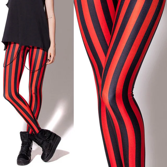 ลาย Leggings ผู้หญิงสีดำและแถบสีแดง Leggings แฟชั่นแนวตั้ง Stripes Leggings นม Zebra พิมพ์ Spandex Leggings