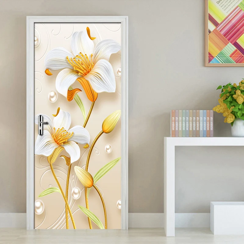 PVC Waterproof 3D Flower Door Sticker Self-adhesive Wall Decals Wallpaper For Living Room Room Bedroom Door Stickers Home Decor