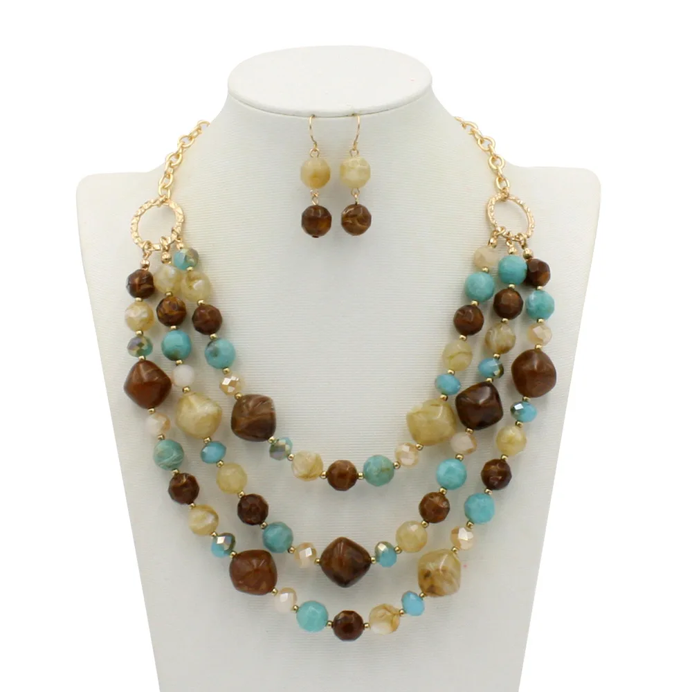 Fashion Acrylic Jewelry Women Retro Big Resin Stone Glass Beads Handmade Necklace Earring Set For Femme Christmas Gift