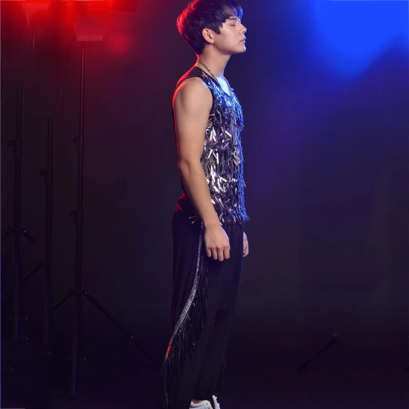 Hip Hop Dance Sequin Vest กางเกงสูท DJ นักร้องชายชุดบาร์ไนท์คลับโฮสต์ Stage Show เครื่องแต่งกายชุด DT776