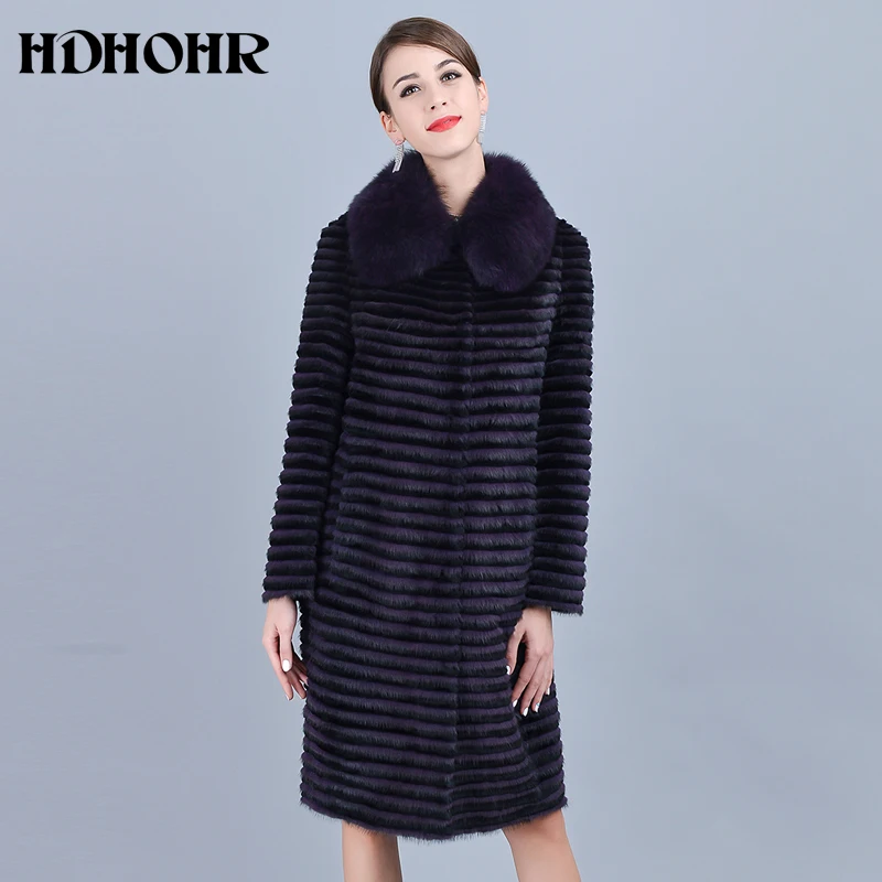 

HDHOHR 2023 High Quality Real Mink Fur Coat Women Natural Fur Coats Noble Purple Fox Fur Collar Genuine Leather Long Jackets