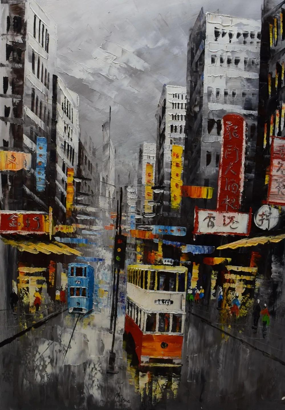 

Hand Painted Canvas Knife Oil Painting Abstract HongKong Trams Street Canvas Painting Wall Art Picture Painting for Living ROOM