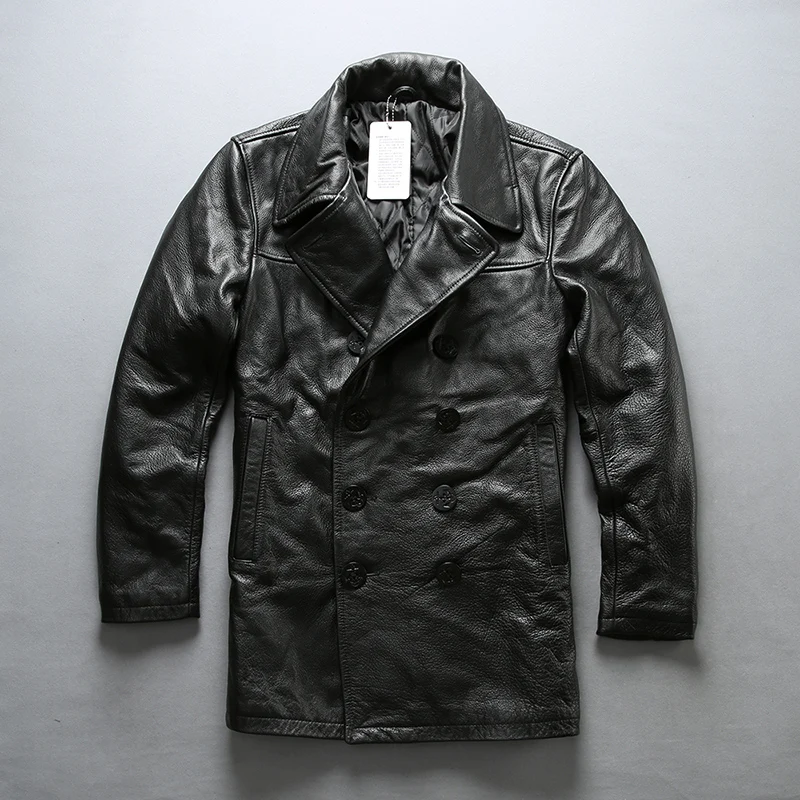 

AVIREXFLY 2018 New Men Black Cow skin Genuine Leather Jacket Smart Casual Cowhide Double breasted Jacket Winter Coats