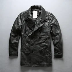 AVIREXFLY 2018 New Men Black Cow skin Genuine Leather Jacket Smart Casual Cowhide Double breasted Jacket Winter Coats