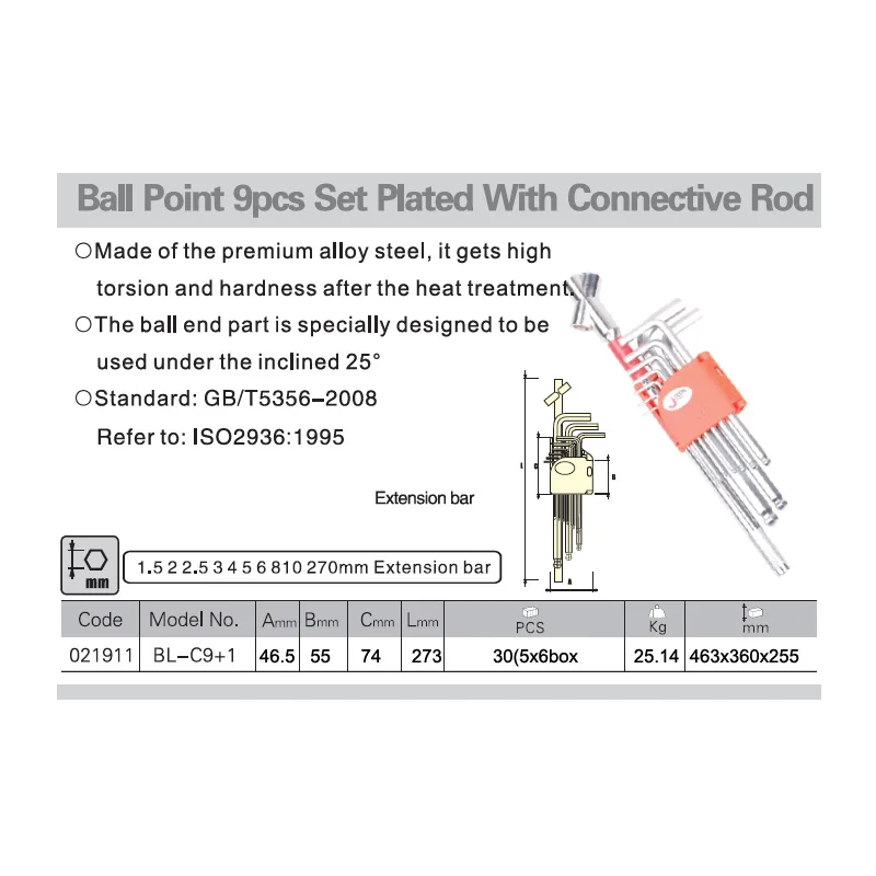 Jetech 9pcs+1pc/set ball end hex keys set with extension bar ball point allen key wrench kit  L-key tool set  alloy steel