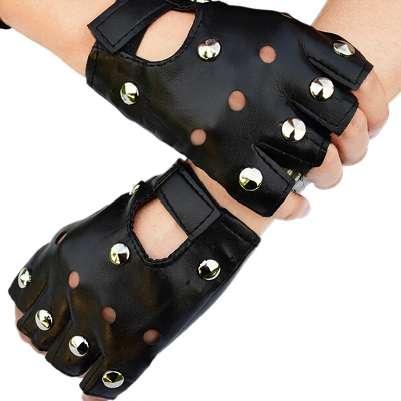 Leather Fingerless Short Gloves Black Rivets Stud Half Finger Mittens 1pair