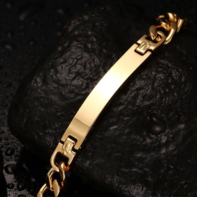 Vnox Stainless Steel Mens ID Bracelets Bangle Gold Color Curb Link Chain Spring Closure Customize Name Date Info Male Boy Bijoux