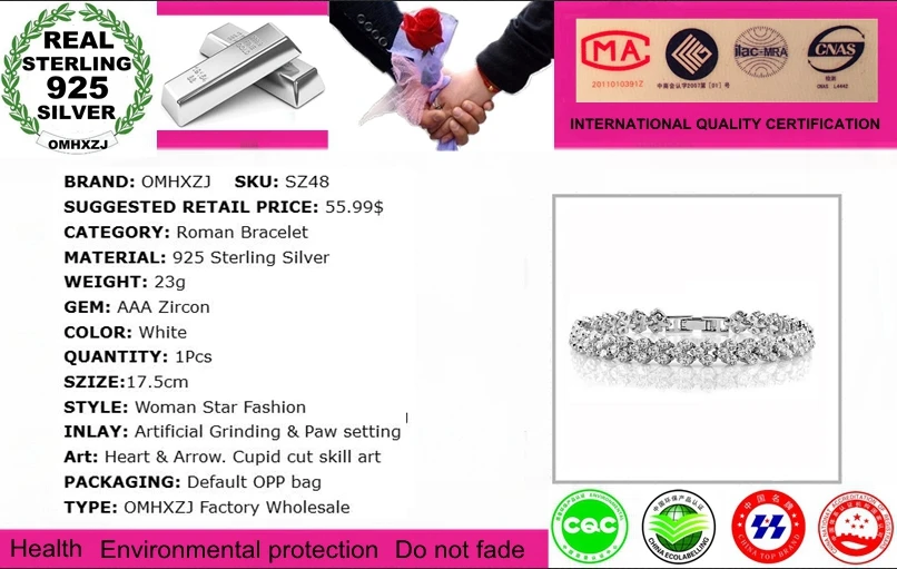 OMHXZJ Wholesale Fashion High Quality Exquisite luxury AAA Zircon 925 Sterling Silver Gift Women Roman Bracelets Bangles SZ48