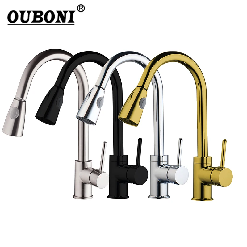 OUBONI Swivel Pull Out Kitchen Bathroom Solid Brass Black Nickel Brass Chrome Gold Faucet 1 Handle Water Sink Tap Mixer Faucet