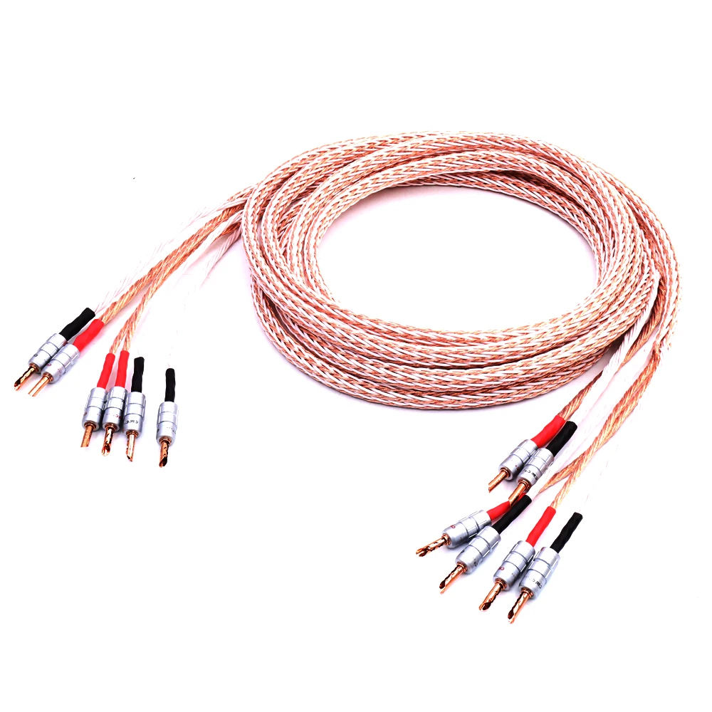 Pair 12TC Hifi Speaker Cable With 2 Banana Plug to 4 Banana Jack Hi-end OCC Speaker Wire biwire speaker cable