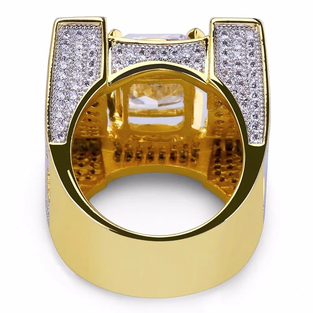 AAA Cubic Zirconia Ice Out Bling Golden Big Wide Hip Hop Rings Gold Color Geometric Men Hiphop Rapper CZ Ring Jewelry