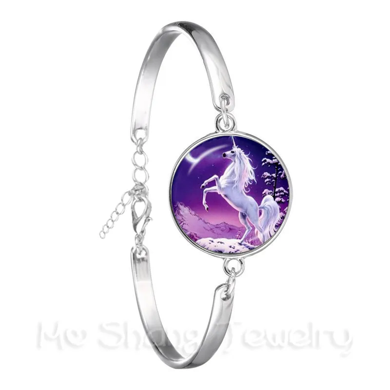 Cute Purple Unicorn Fly Horses 18mm Glass Cabochon Bracelet Jewely Silver Plated Bangle For Women Girls Gift