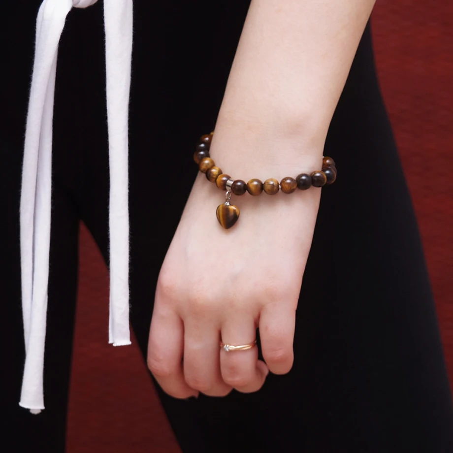 CSJA Natural Stone Beads Tiger Eye Men Strand Bracelets & Bangles Heart Shape Silver Color Fitting Women Jewelry Love F105