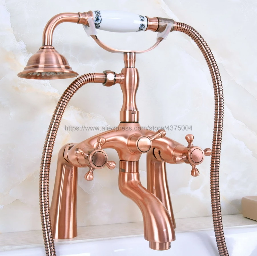 

Antique Red Copper Bathtub Faucet Wall Mount Handheld Bath Tub Mixer System with Handshower Telephone Style Nna155