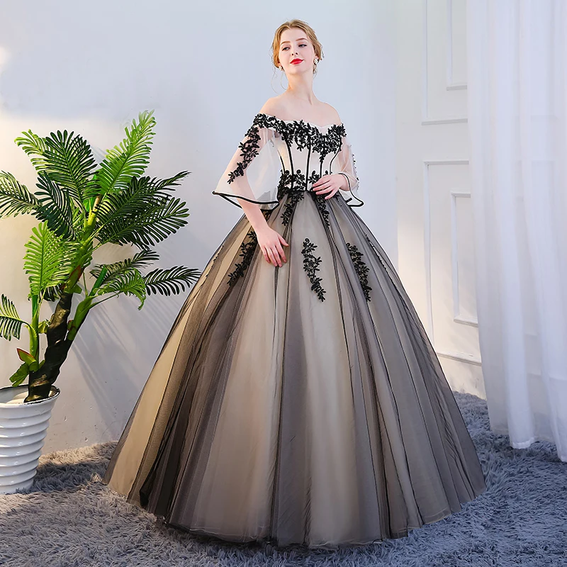 100%real luxury black lace leaf embroidery flare sleeve court medieval dress princess queen cosplay gown/can customs size