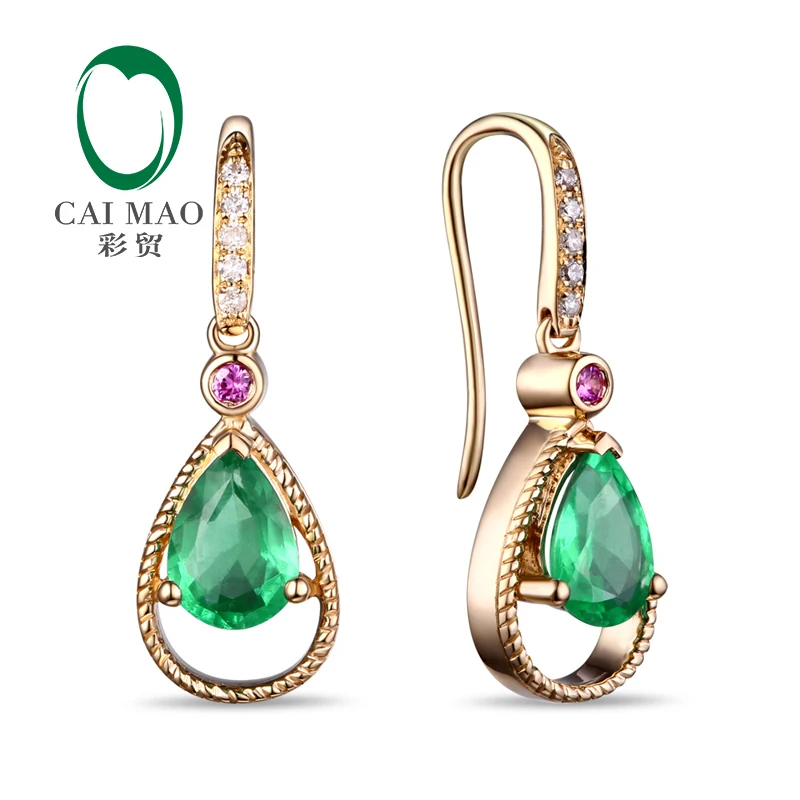 

Caimao Jewelry 14k Yellow Gold Natural Pear Cut 5x7mm Emerald & 0.08ct Diamonds Pink Sapphires Engagement Earrings