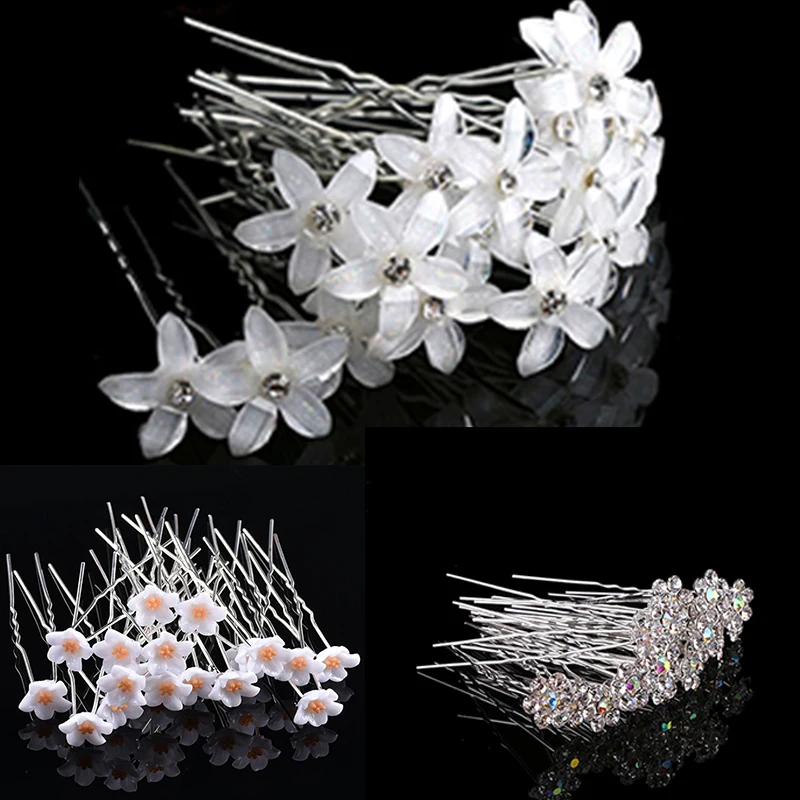 20pcs/set White Flowers Hairpin Stick Wedding Women Bridal Crystal Flowers Hairpin U Shaped Hair Clip Hair Accessories Wholesale