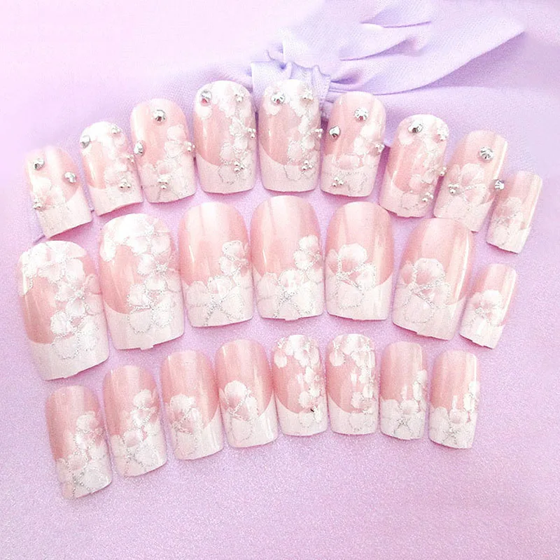 24 Pcs/Set Wedding Bride Full Nails Tips With Glue Flowers Shining 3D Diamond Rhinestone Fake Nail Art Tool Nail strips