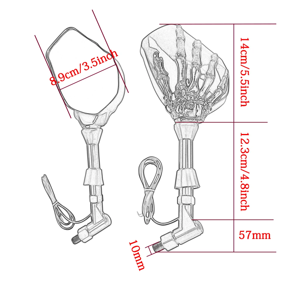 1 Pair 10mm Motorcycle Handlebar Skull Hand Pattern Ghost Claw Rearview Side Glass Mirror 12V LED light Modified Accessories