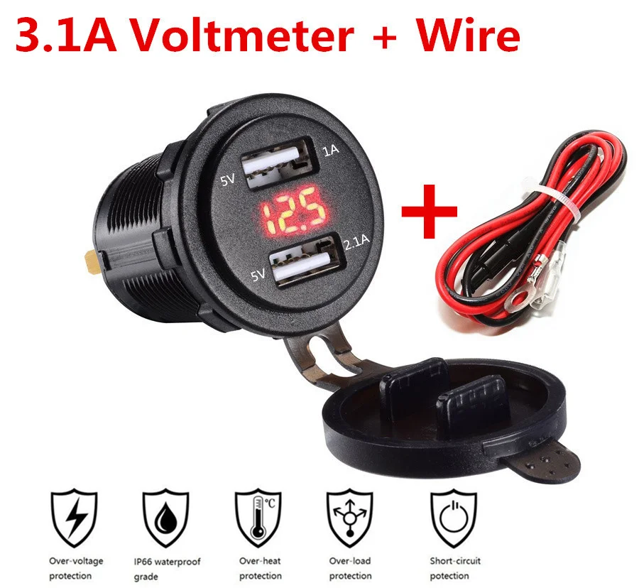 

3 Colors Waterproof Dual USB Power Outlet 3.1A with Voltmeter & Wire In-line 10A Fuse for 12-24V Car Boat Marine Motorcycle