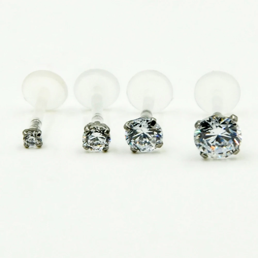 4pcs/lot 16g Clear CZ gem Bioplast Flexible Lip Labret Ring Tragus Cartilage Earring studs With Crystal stone Piercing Jewelry