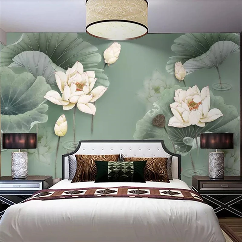 

wellyu New Chinese style pen lotus bedroom background wall decoration painting custom large mural wallpaper papel de parede