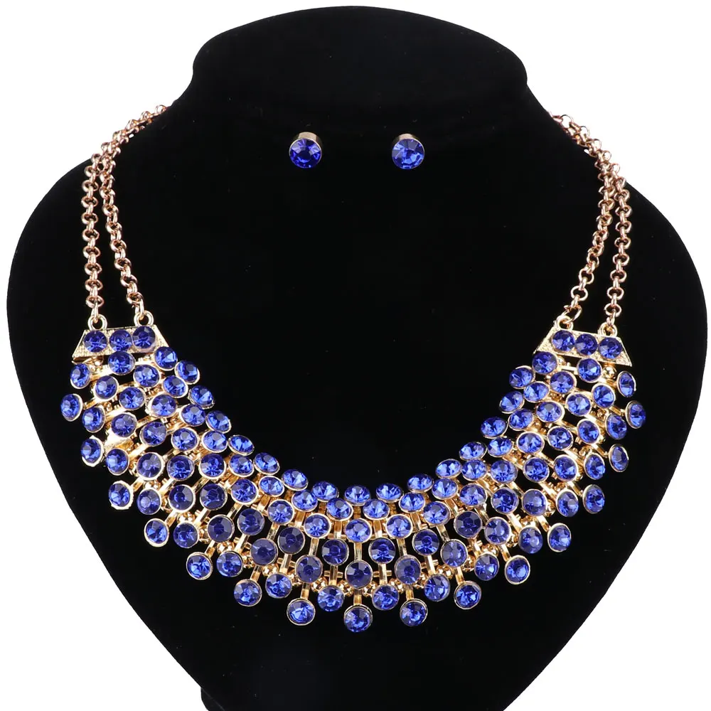 African Jewelry Sets Gold Color For Women Party Accessories Wedding Bridal Double Layers Pendant Crystal Necklace Earrings Sets