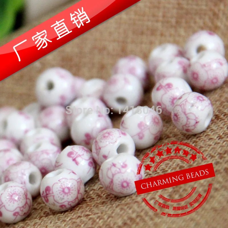 Chinoiserie 10mm 50pcs Flower paited Ceramic Beads,Round Loose Beads For Jewelry making CY027